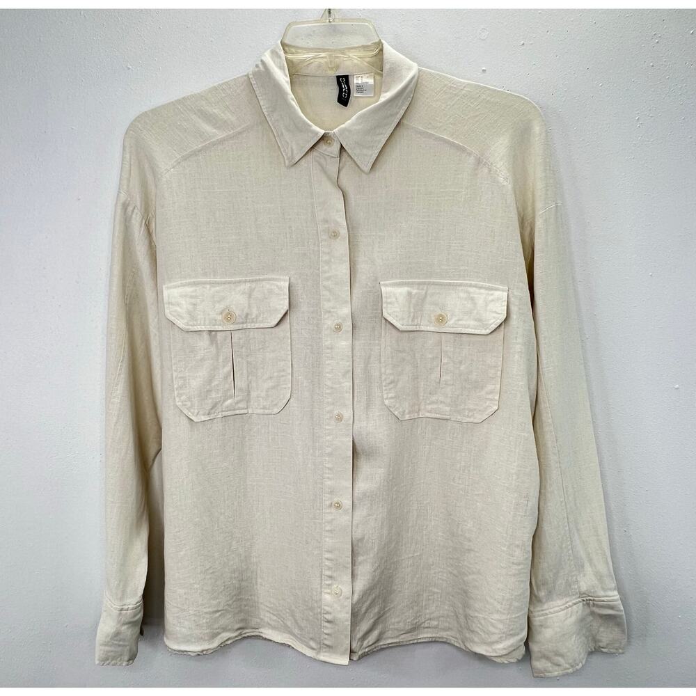 Divided H&M Linen Shirt M Women Button Up Long Sleeve Chest Pockets Beige Cream